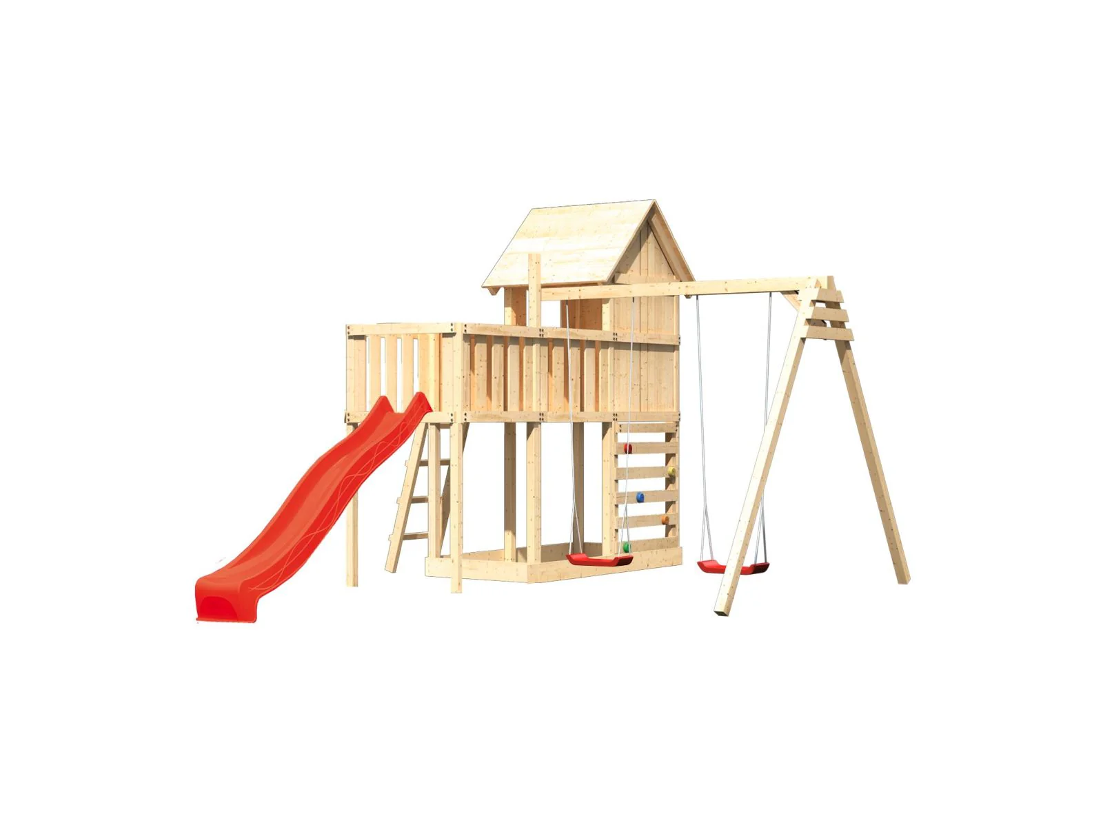 Karibu Stelzenhaus Frieda + Rutsche rot + Doppelschaukel + Anbauplattform + Kletterwand - Image 4