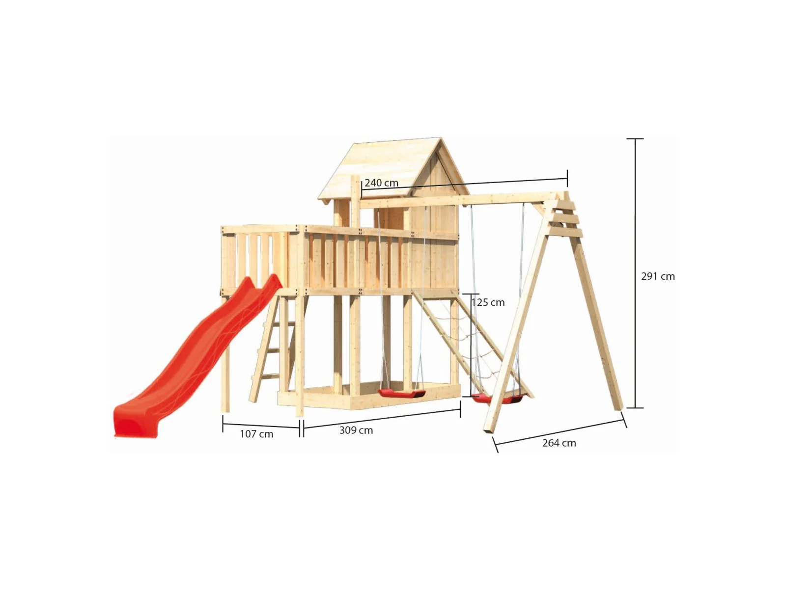 Karibu Stelzenhaus Frieda + Rutsche rot + Doppelschaukel + Anbauplattform + Netzrampe - Image 2