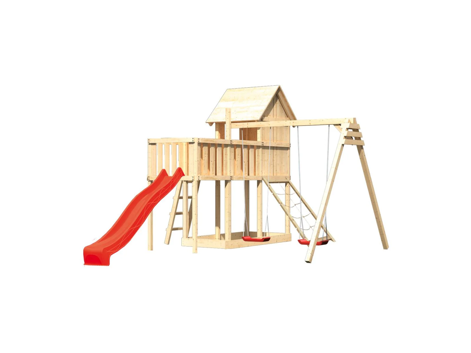 Karibu Stelzenhaus Frieda + Rutsche rot + Doppelschaukel + Anbauplattform + Netzrampe - Image 4