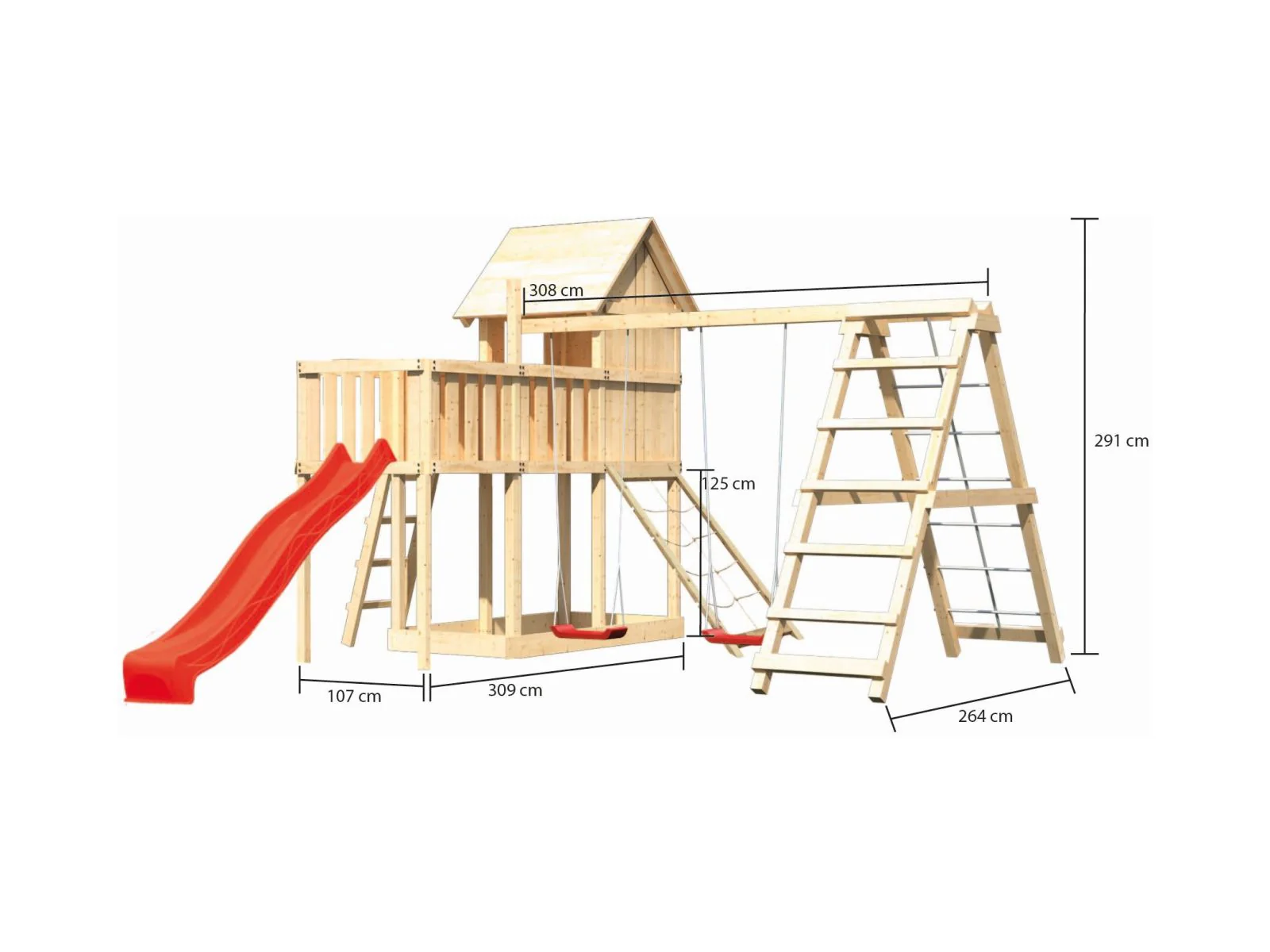 Karibu Stelzenhaus Frieda + Rutsche rot + Doppelschaukel Klettergerüst + Anbauplattform + Netzrampe - Image 2