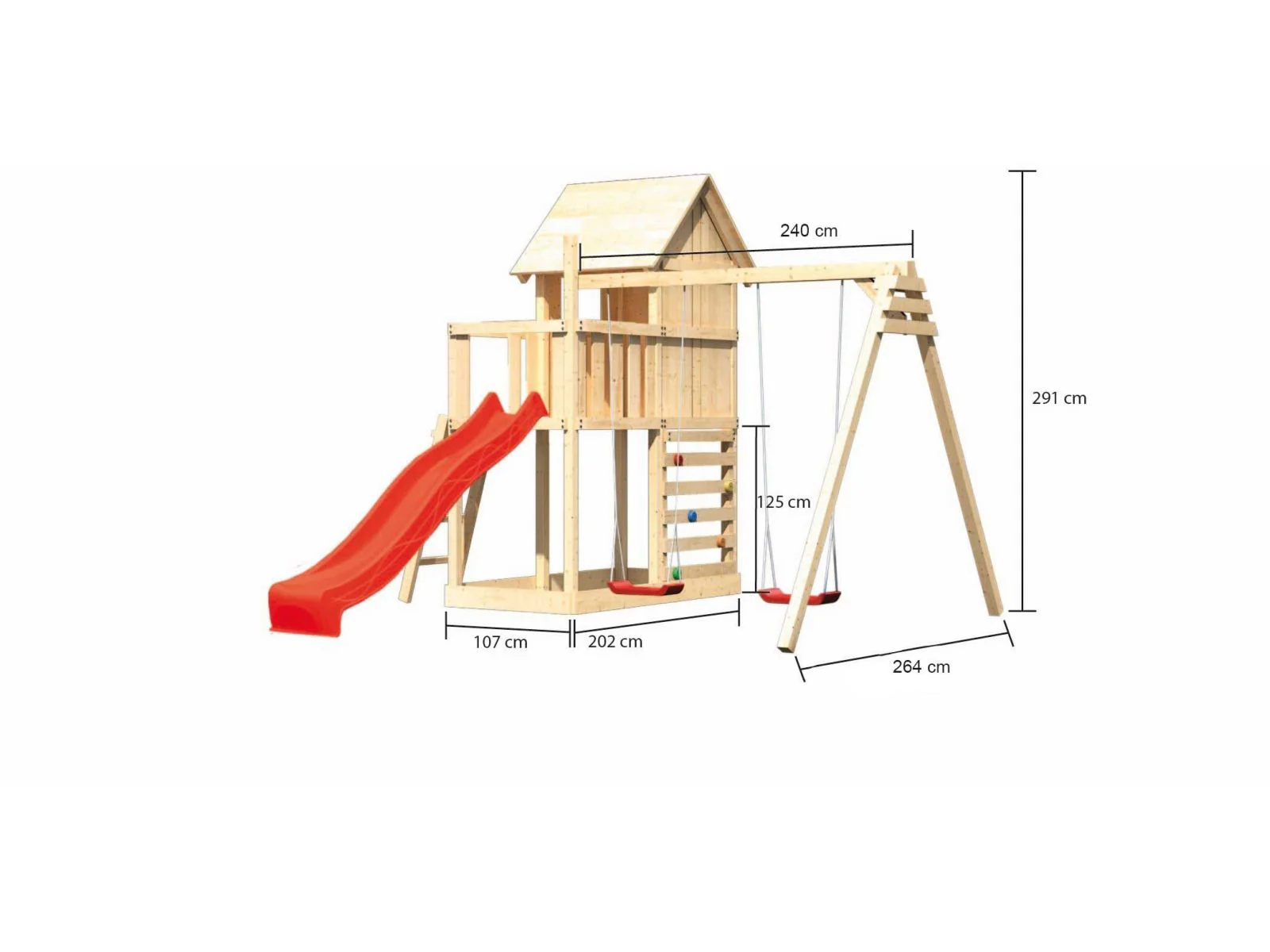 Karibu Stelzenhaus Frieda + Rutsche rot + Doppelschaukel + Kletterwand - Image 2