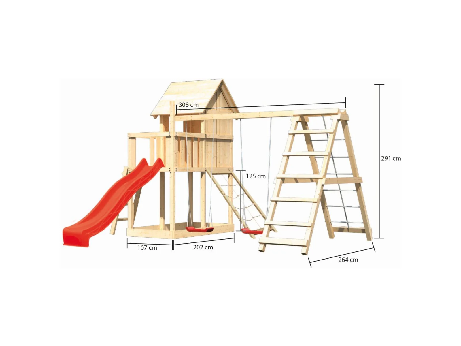 Karibu Stelzenhaus Frieda + Rutsche rot + Doppelschaukel mit Klettergerüst + Netzrampe - Image 2