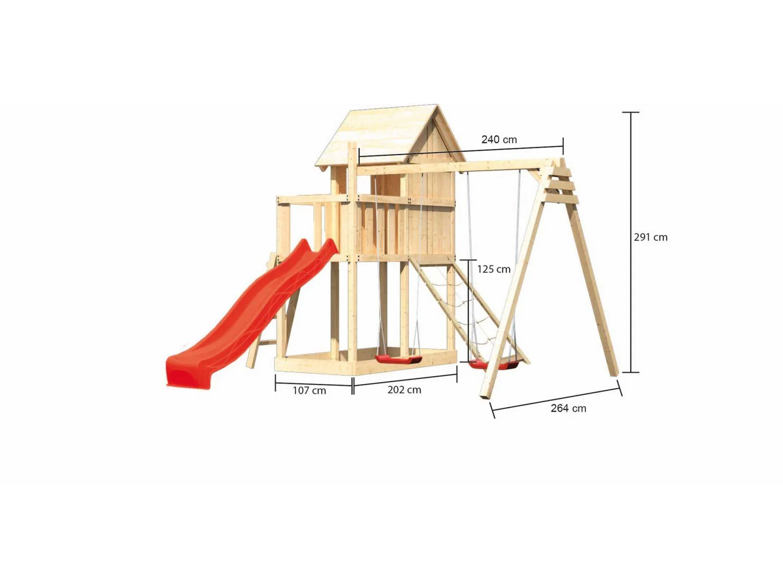 Karibu Stelzenhaus Frieda + Rutsche rot + Doppelschaukel + Netzrampe - Image 3