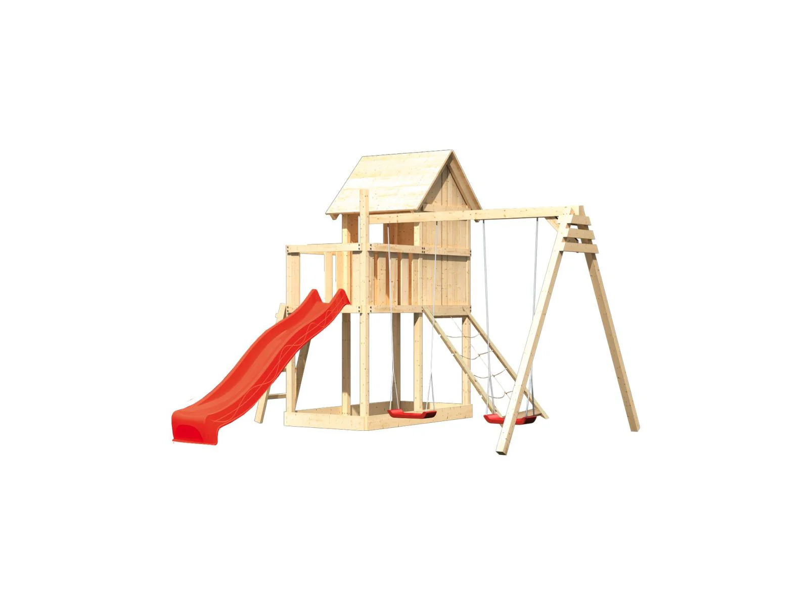 Karibu Stelzenhaus Frieda + Rutsche rot + Doppelschaukel + Netzrampe - Image 5