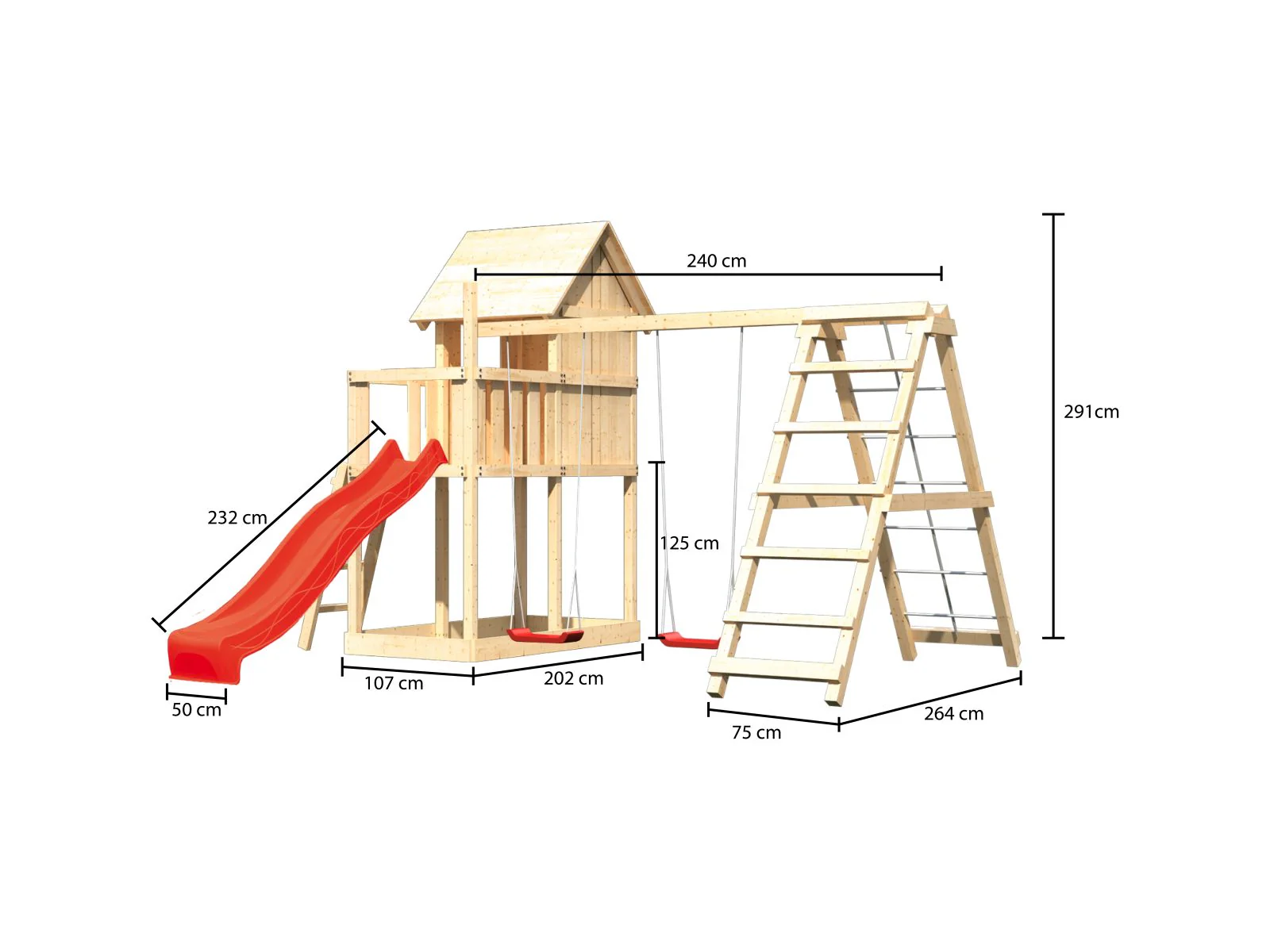 Karibu Stelzenhaus Frieda + Rutsche rot + Doppelschaukelanbau Klettergerüst - Image 3