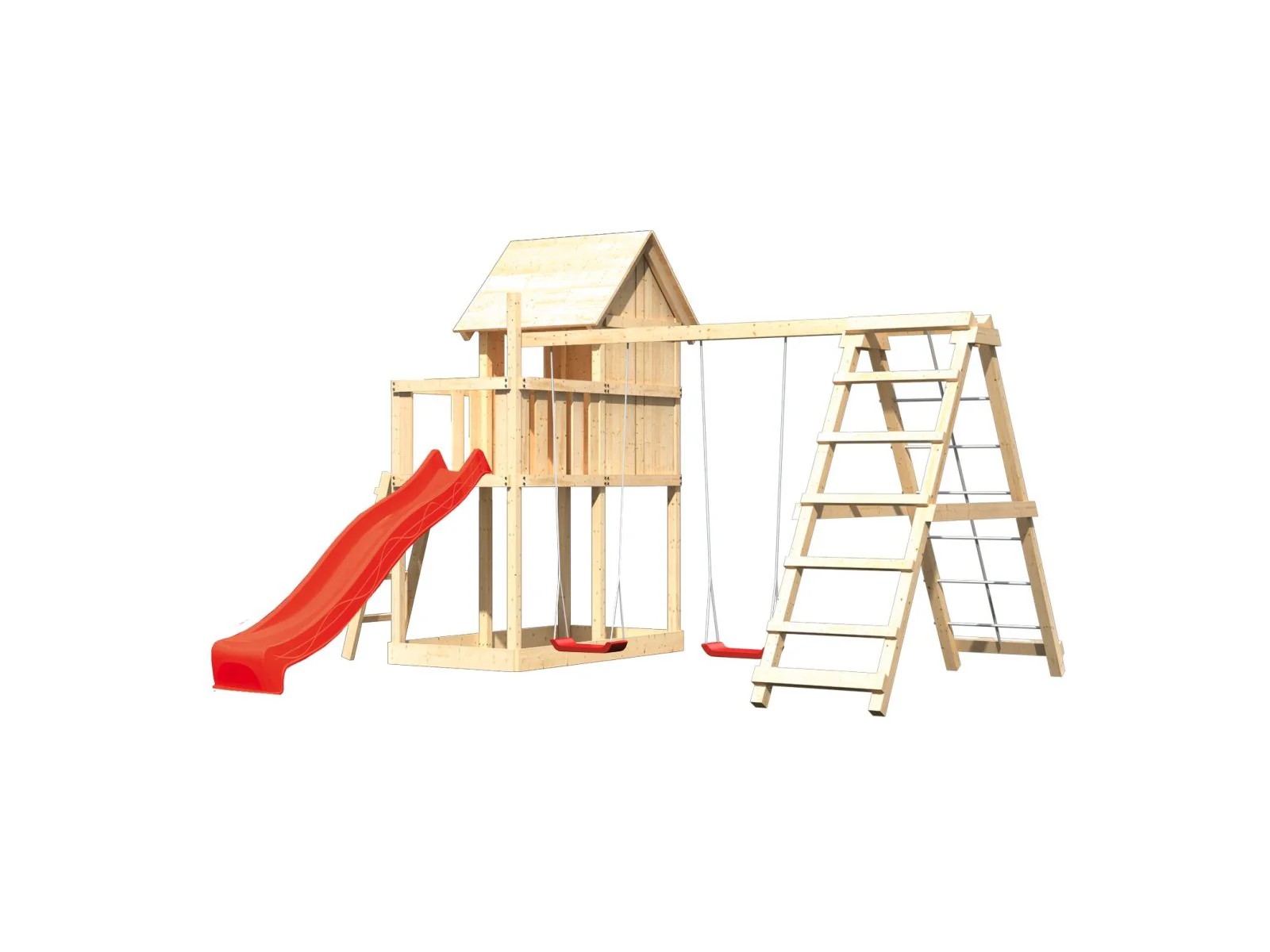 Karibu Stelzenhaus Frieda + Rutsche rot + Doppelschaukelanbau Klettergerüst - Image 5