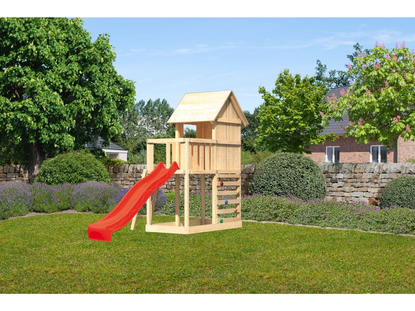 Karibu Stelzenhaus Frieda + Rutsche rot + Kletterwand