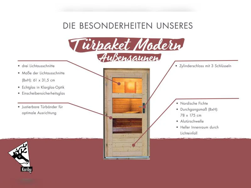 Karibu Türpaket Außensauna Modern, naturbelassen,  40 mm Saunahäuser - Image 2