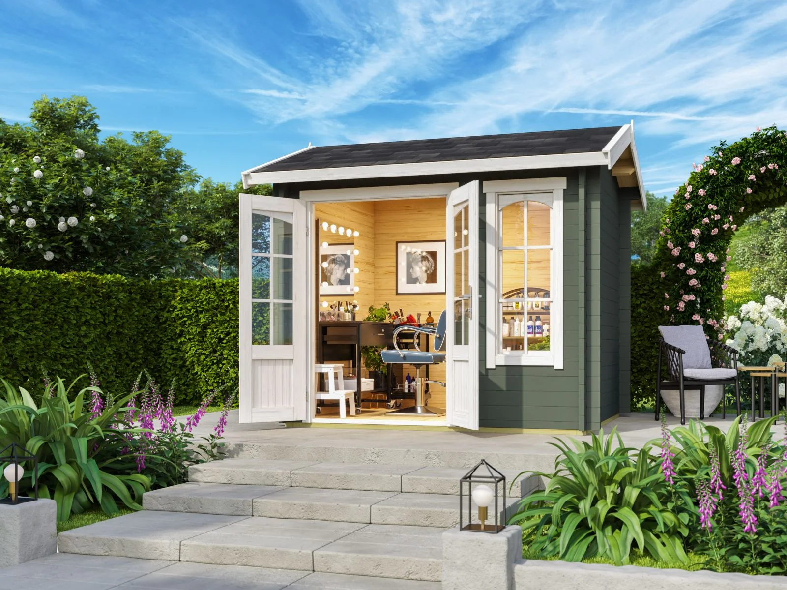 Lasita Gartenhaus Alex Mini 44 mm Wandstärke, grüngrau