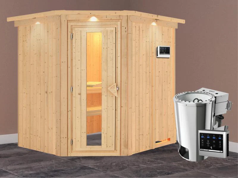 Lilja - Karibu Sauna Plug & Play 3,6 kW Bio Ofen, ext. Steuerung - mit Dachkranz - Energiespartür - Image 2
