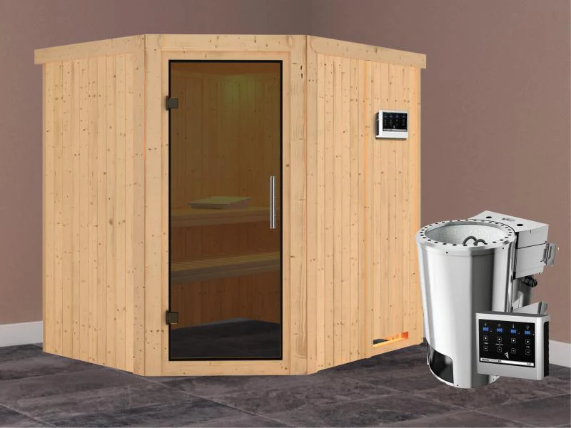 Lilja - Karibu Sauna Plug & Play 3,6 kW Bio Ofen, ext. Steuerung - ohne Dachkranz - Moderne Saunatür - Image 2