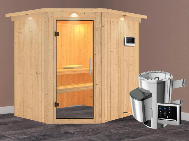 Lilja - Karibu Sauna Plug & Play 3,6 kW Ofen, ext. Steuerung - mit Dachkranz - Klarglas Ganzglastür - Image 2
