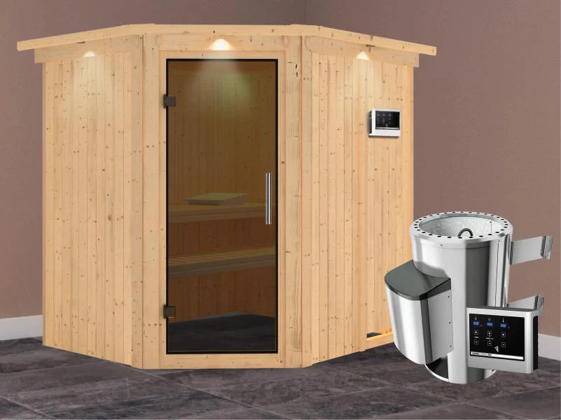 Lilja - Karibu Sauna Plug & Play 3,6 kW Ofen, ext. Steuerung - mit Dachkranz - Moderne Saunatür - Image 2