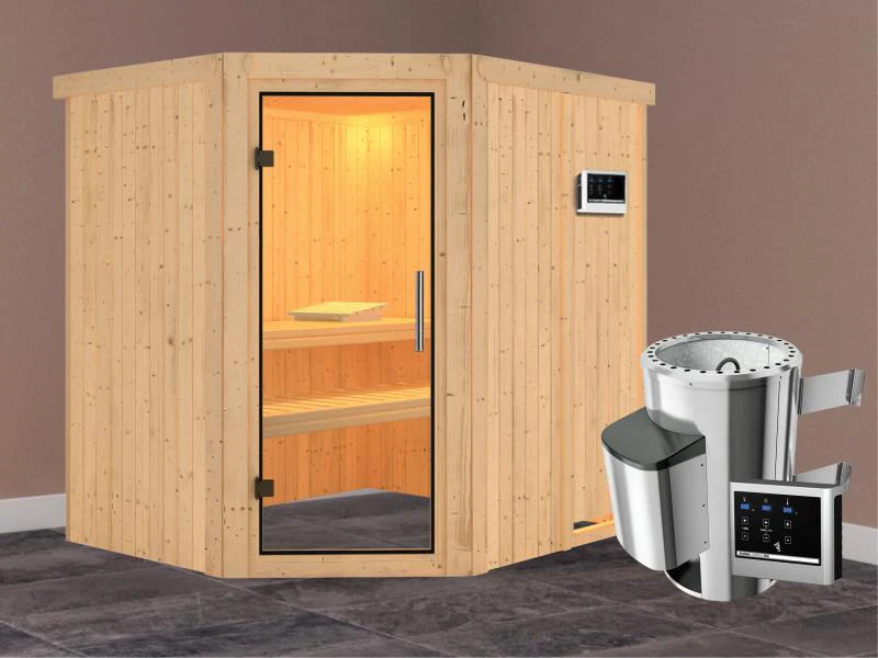 Lilja - Karibu Sauna Plug & Play 3,6 kW Ofen, ext. Steuerung - ohne Dachkranz - Klarglas Ganzglastür - Image 2