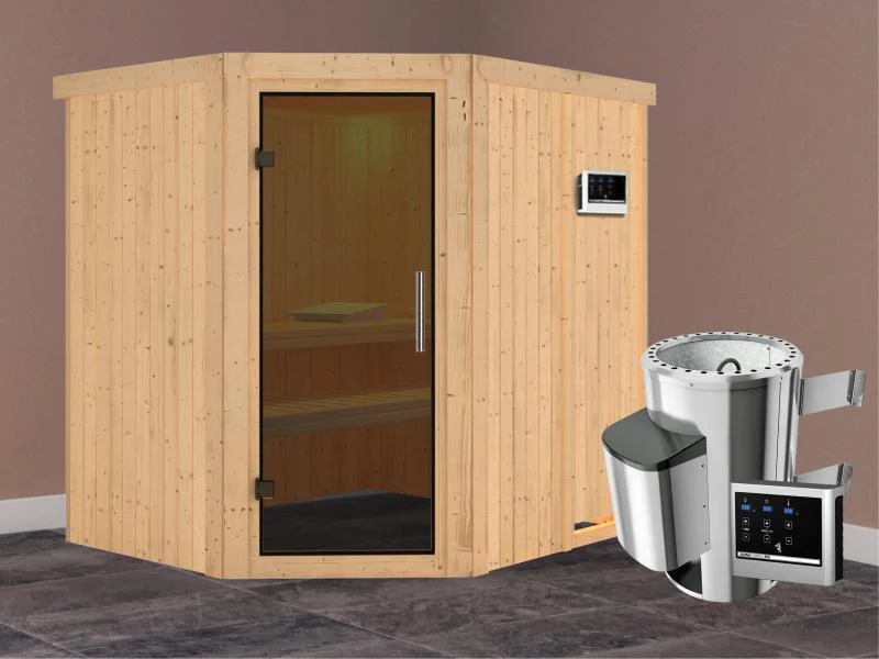 Lilja - Karibu Sauna Plug & Play 3,6 kW Ofen, ext. Steuerung - ohne Dachkranz - Moderne Saunatür - Image 2