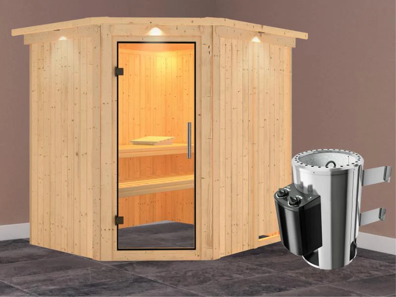 Lilja - Karibu Sauna Plug & Play 3,6 kW Ofen, int. Steuerung - mit Dachkranz - Klarglas Ganzglastür - Image 2