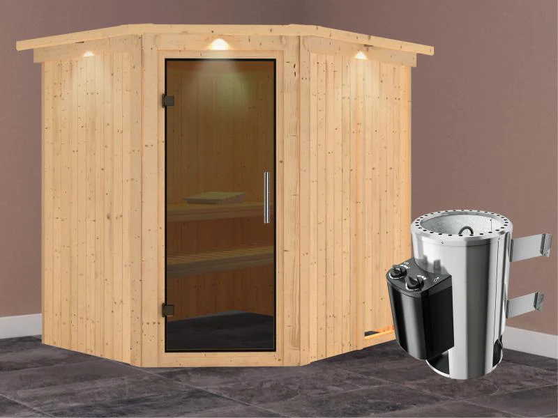 Lilja - Karibu Sauna Plug & Play 3,6 kW Ofen, int. Steuerung - mit Dachkranz - Moderne Saunatür - Image 2