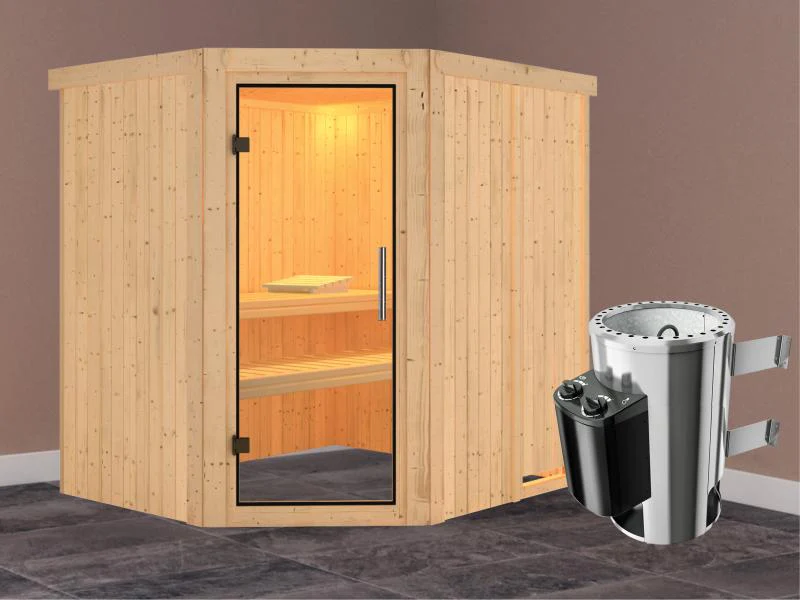 Lilja - Karibu Sauna Plug & Play 3,6 kW Ofen, int. Steuerung - ohne Dachkranz - Klarglas Ganzglastür - Image 2