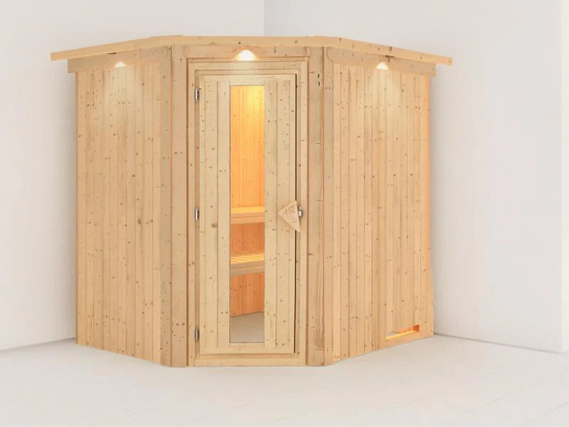 Lilja - Karibu Sauna Plug & Play ohne Ofen - mit Dachkranz - Energiespartür - Image 4