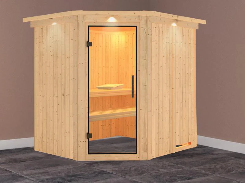 Lilja - Karibu Sauna Plug & Play ohne Ofen - mit Dachkranz - Klarglas Ganzglastür - Image 2