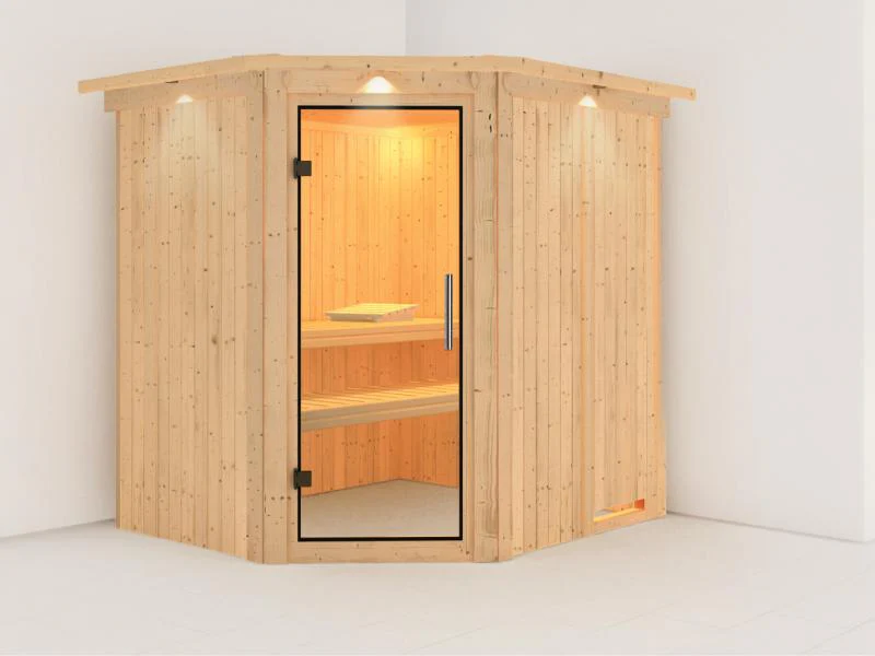 Lilja - Karibu Sauna Plug & Play ohne Ofen - mit Dachkranz - Klarglas Ganzglastür - Image 4