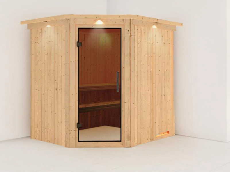 Lilja - Karibu Sauna Plug & Play ohne Ofen - mit Dachkranz - Moderne Saunatür - Image 4