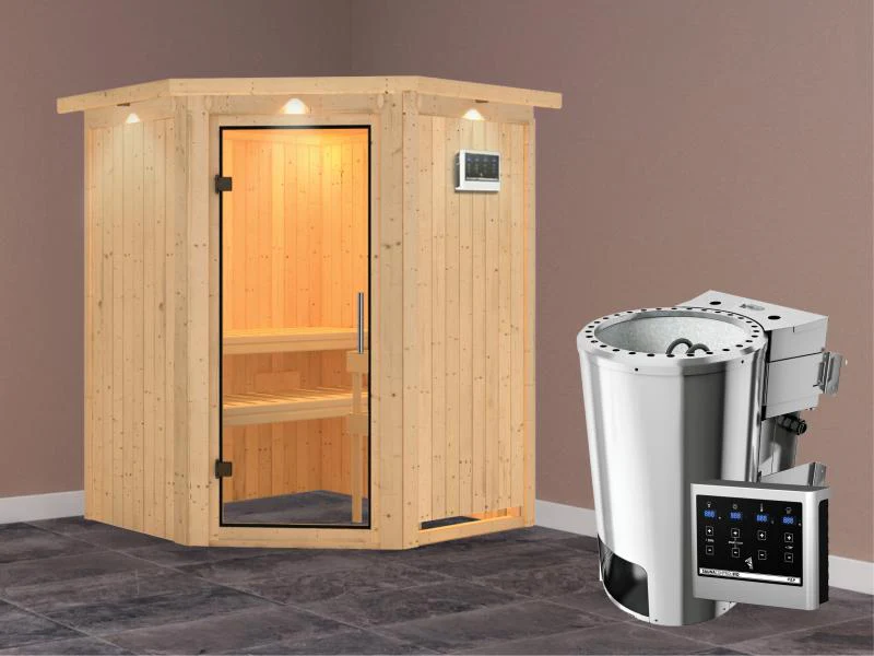 Nanja - Karibu Sauna Plug & Play 3,6 kW Bio Ofen, ext. Steuerung - mit Dachkranz - Klarglas Ganzglas - Image 2