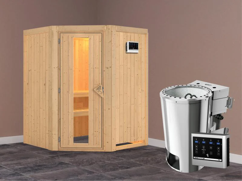Nanja - Karibu Sauna Plug & Play 3,6 kW Bio Ofen, ext. Steuerung - ohne Dachkranz - Energiespartür - Image 2