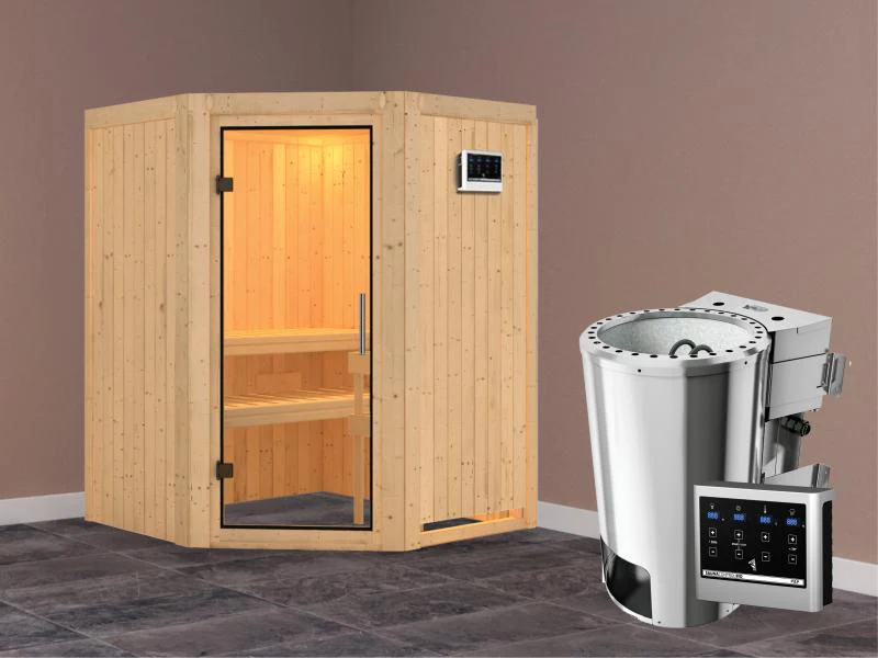 Nanja - Karibu Sauna Plug & Play 3,6 kW Bio Ofen, ext. Steuerung - ohne Dachkranz - Klarglas Ganzgla - Image 2