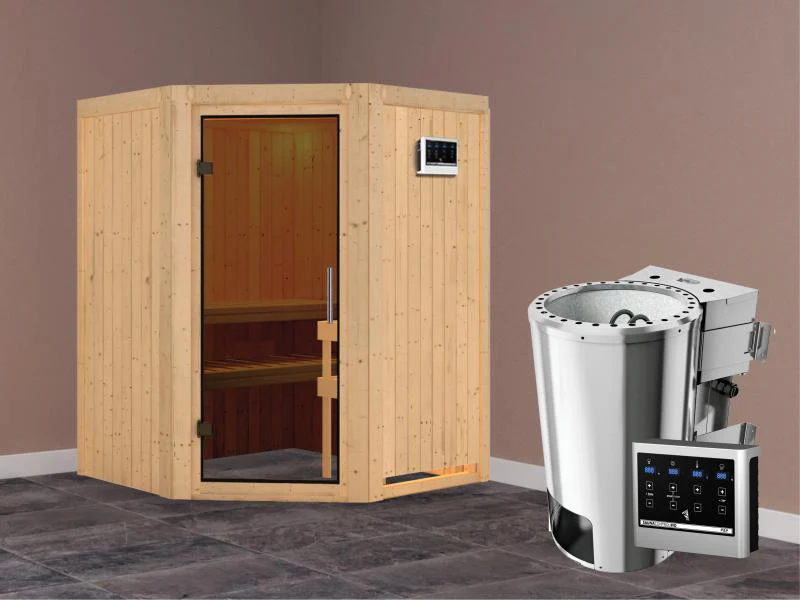 Nanja - Karibu Sauna Plug & Play 3,6 kW Bio Ofen, ext. Steuerung - ohne Dachkranz - moderne Saunatür - Image 2