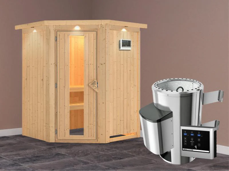 Nanja - Karibu Sauna Plug & Play 3,6 kW Ofen, ext. Steuerung - mit Dachkranz - Energiespartür - Image 2