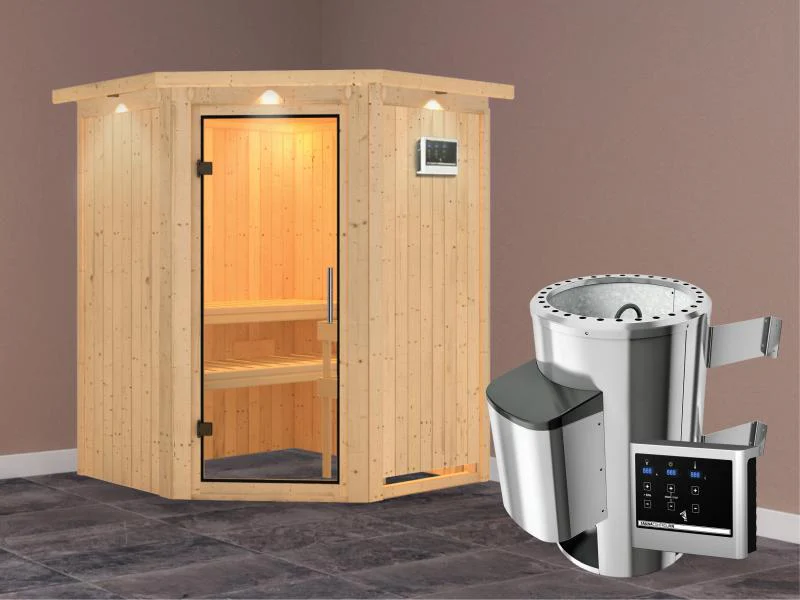 Nanja - Karibu Sauna Plug & Play 3,6 kW Ofen, ext. Steuerung - mit Dachkranz - Klarglas Ganzglastür - Image 2