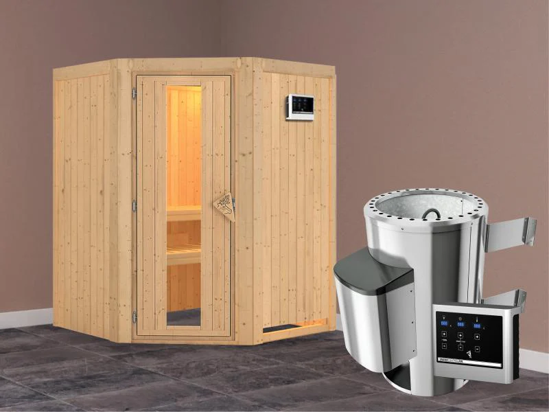 Nanja - Karibu Sauna Plug & Play 3,6 kW Ofen, ext. Steuerung - ohne Dachkranz - Energiespartür - Image 2