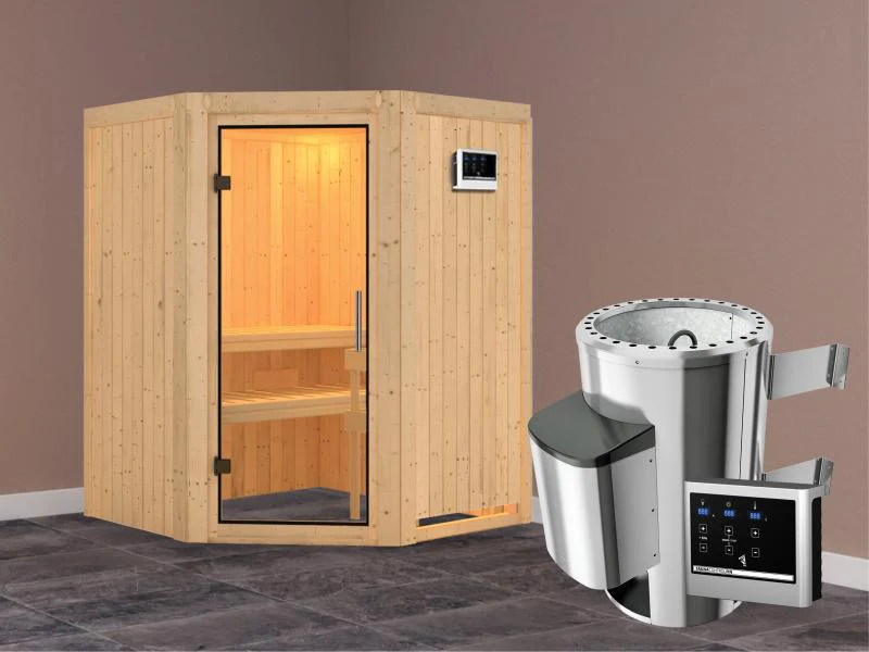 Nanja - Karibu Sauna Plug & Play 3,6 kW Ofen, ext. Steuerung - ohne Dachkranz - Klarglas Ganzglastür - Image 2
