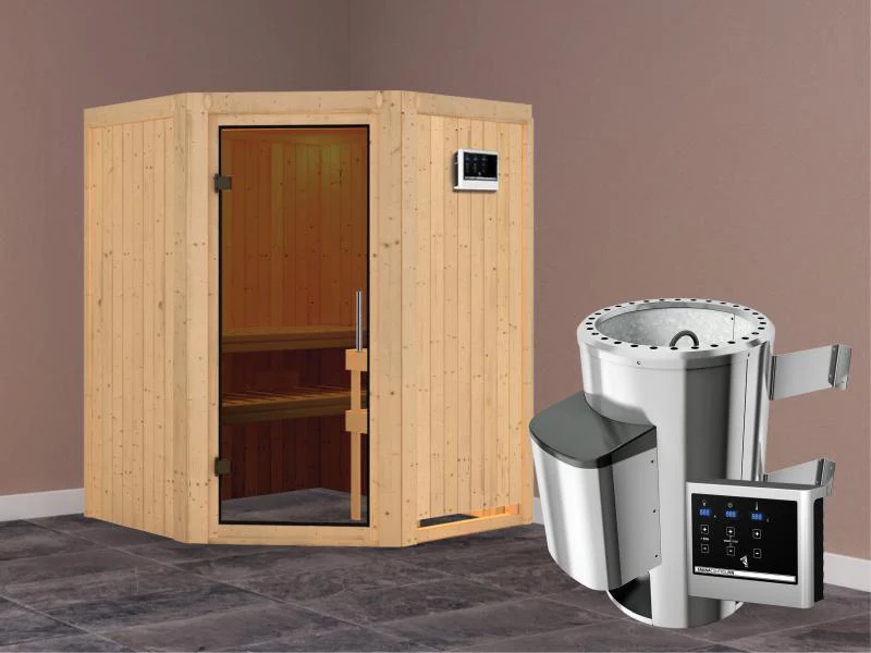 Nanja - Karibu Sauna Plug & Play 3,6 kW Ofen, ext. Steuerung - ohne Dachkranz - moderne Saunatür - Image 2