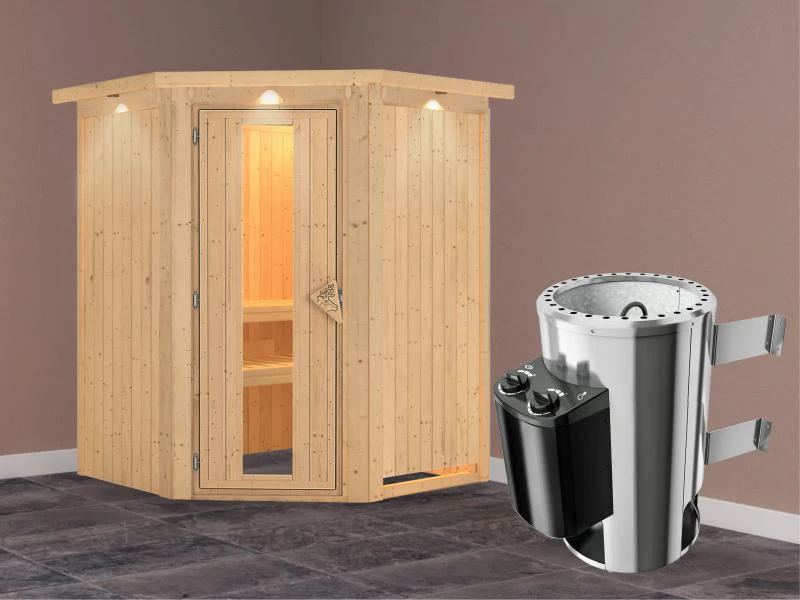 Nanja - Karibu Sauna Plug & Play 3,6 kW Ofen, int. Steuerung - mit Dachkranz - Energiespartür - Image 2