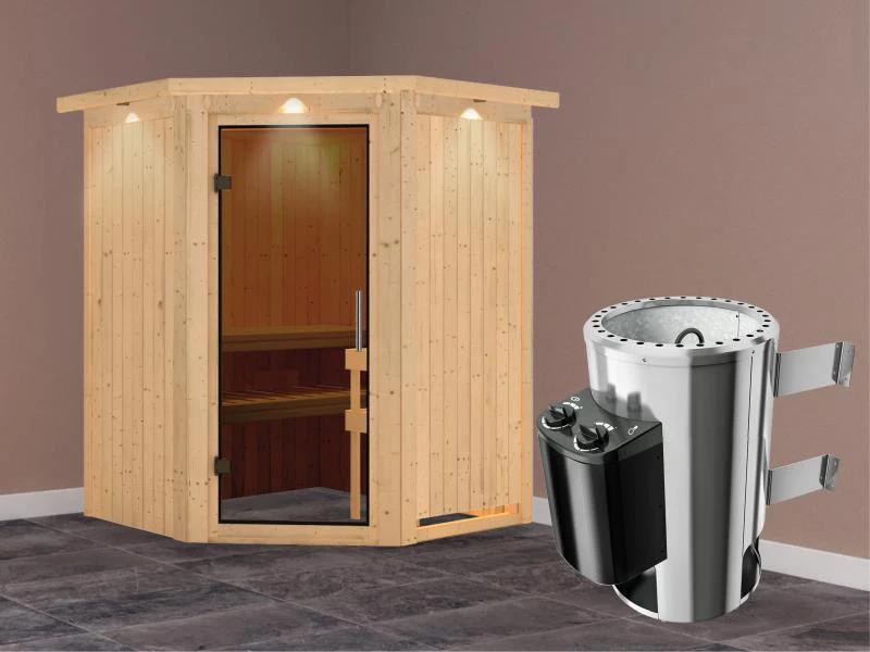 Nanja - Karibu Sauna Plug & Play 3,6 kW Ofen, int. Steuerung - mit Dachkranz - Moderne Saunatür - Image 2