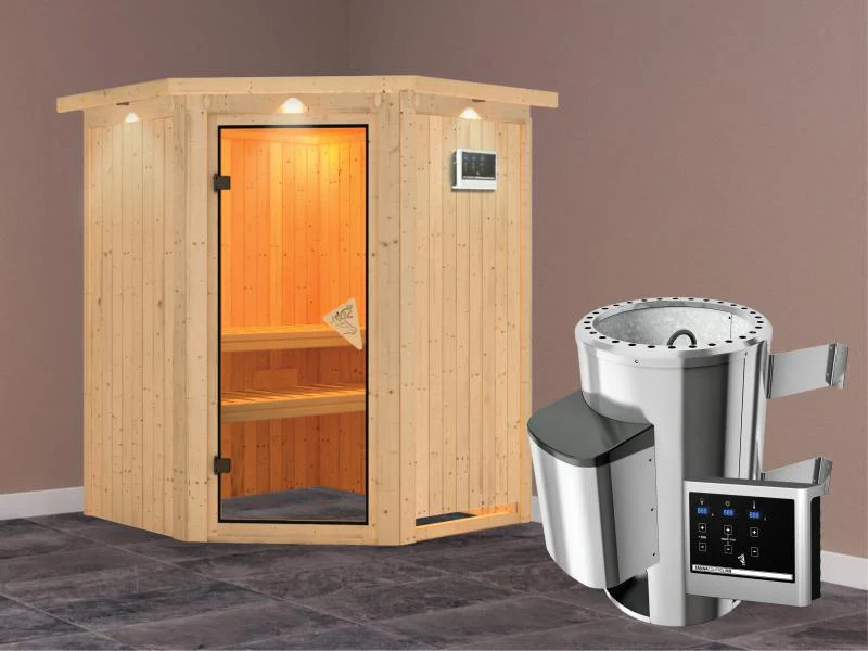 Nanja - Karibu Sauna Plug & Play inkl. 3,6 kW-Ofen - mit Dachkranz - - Image 2