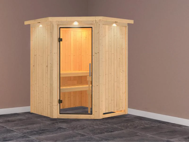 Nanja - Karibu Sauna Plug & Play ohne Ofen - mit Dachkranz - Klarglas Ganzglastür - Image 2