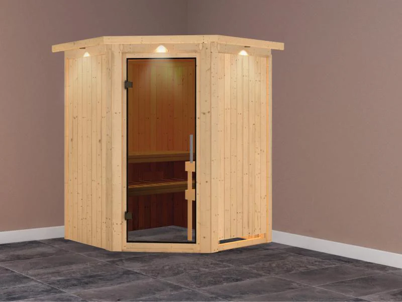 Nanja - Karibu Sauna Plug & Play ohne Ofen - mit Dachkranz - moderne Saunatür - Image 2