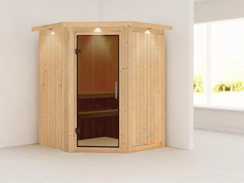 Nanja - Karibu Sauna Plug & Play ohne Ofen - mit Dachkranz - moderne Saunatür - Image 4