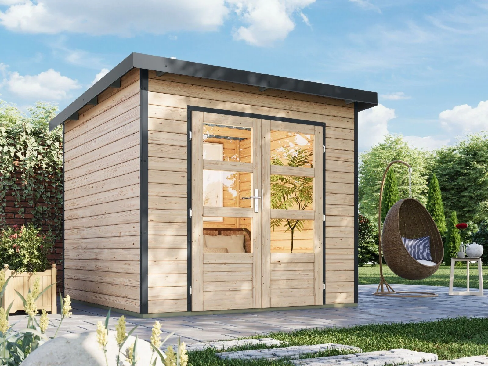 Norlinio Hybrid Gartenhaus Woodtallic 3, naturbelassen/anthrazit, inkl. Fußboden