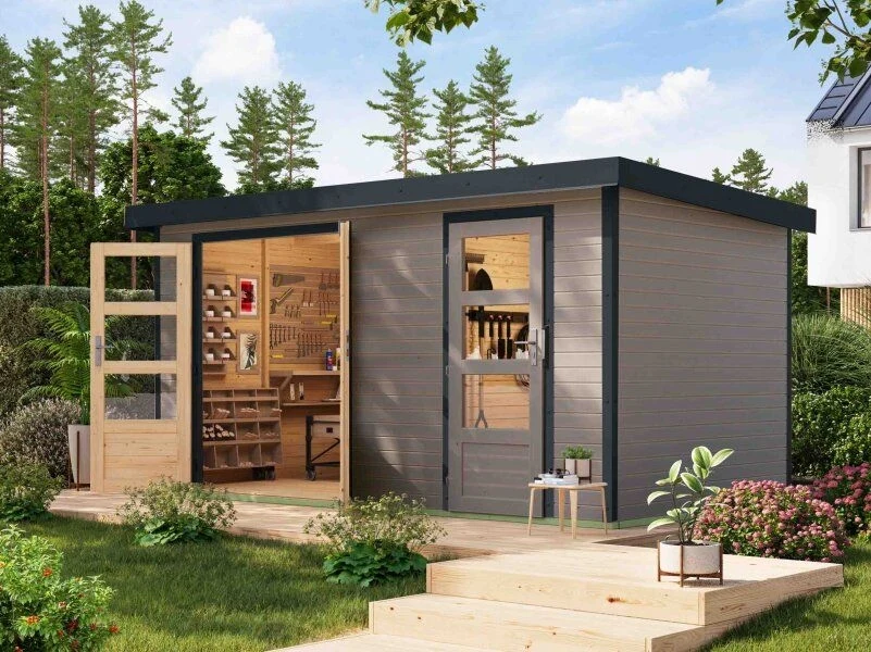 Norlinio Hybrid Zweiraumhaus Woodtallic, wassergrau/anthrazit, inkl. Fußboden
