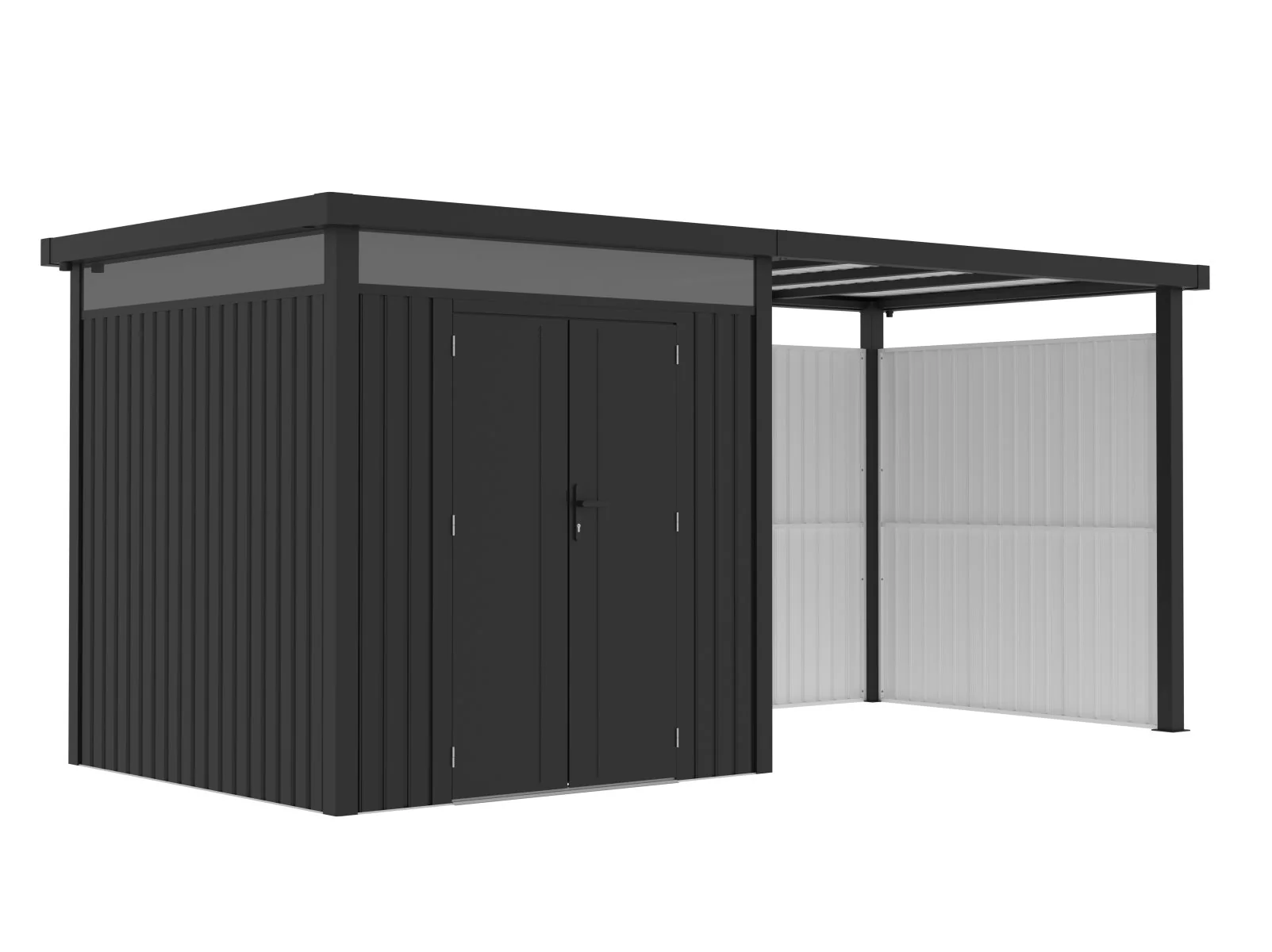 Norlinio Metall Gerätehaus Miro 1 mit Anbaudach und Wandset in Anthrazit - Image 3