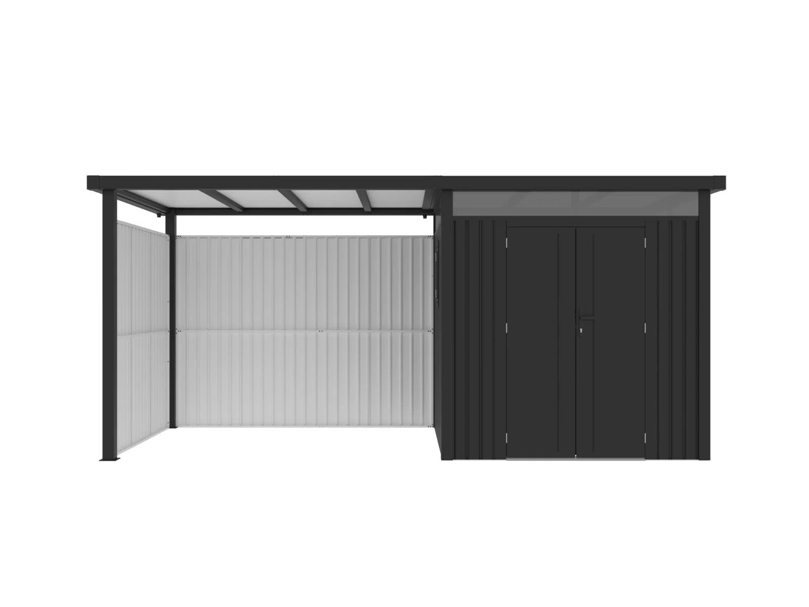 Norlinio Metall Gerätehaus Miro 1 mit Anbaudach und Wandset in Anthrazit - Image 6