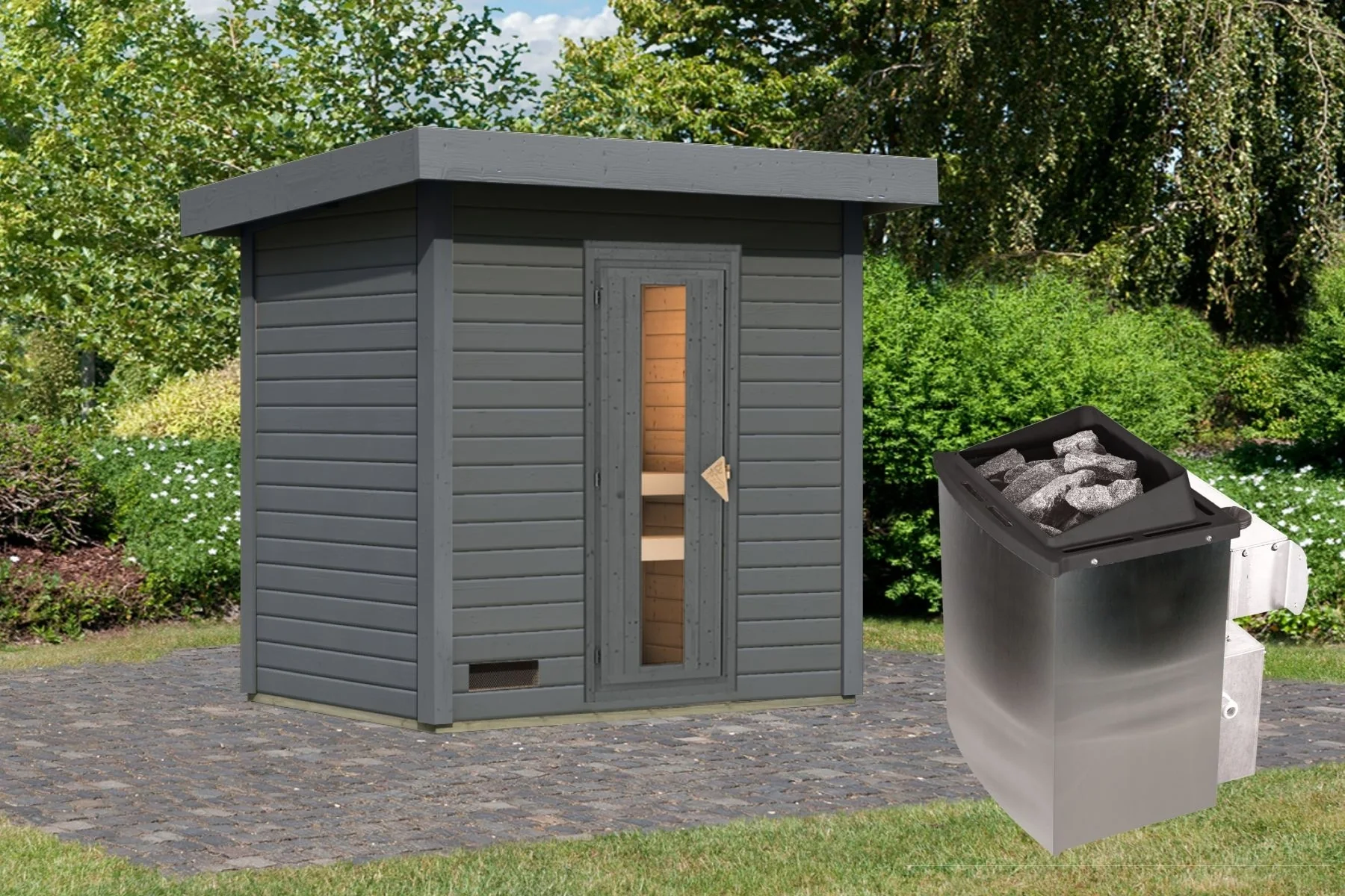 Norlinio Saunahaus Hella 1 terragrau 38 - inkl. 9 kW Ofen integr. Steuerung - inkl. Dacheindeckung - Image 2