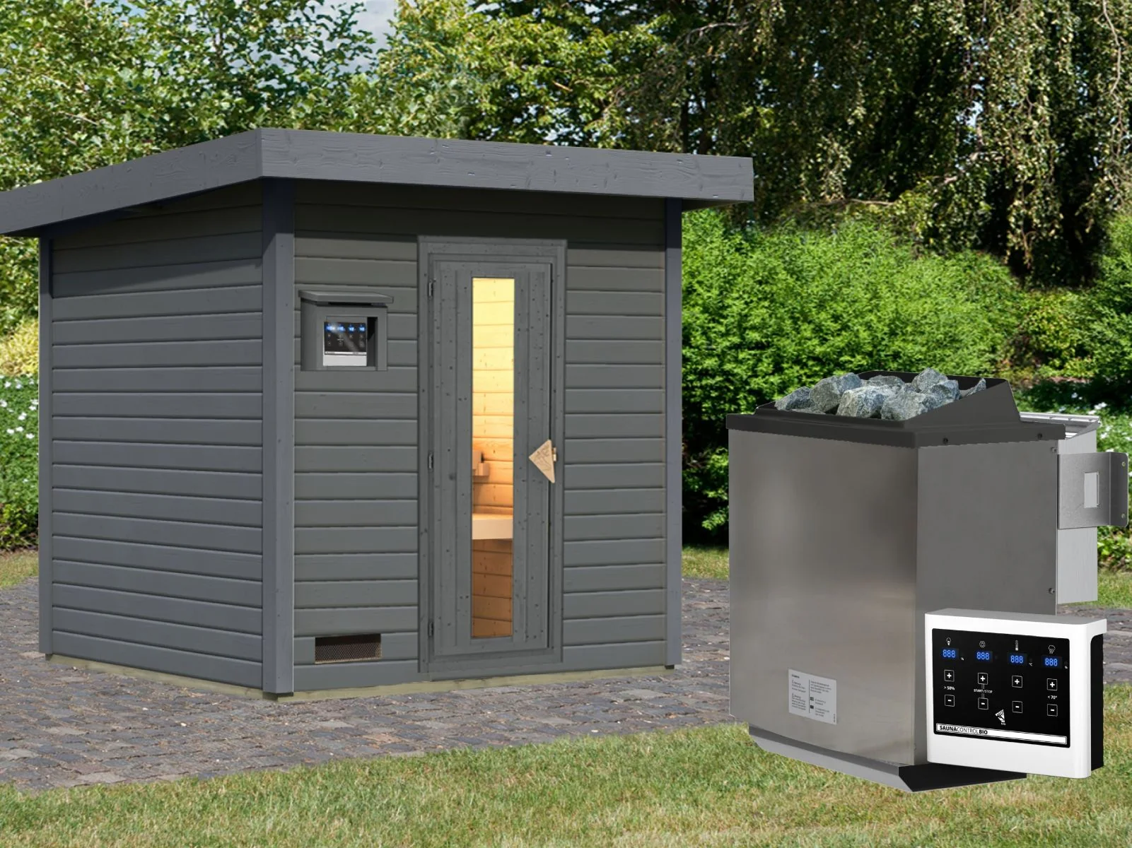 Norlinio Saunahaus Hella 2 terragrau 38 mm - inkl. 9 kW Bioofen ext. Steuerung - mit Dacheindeckung u