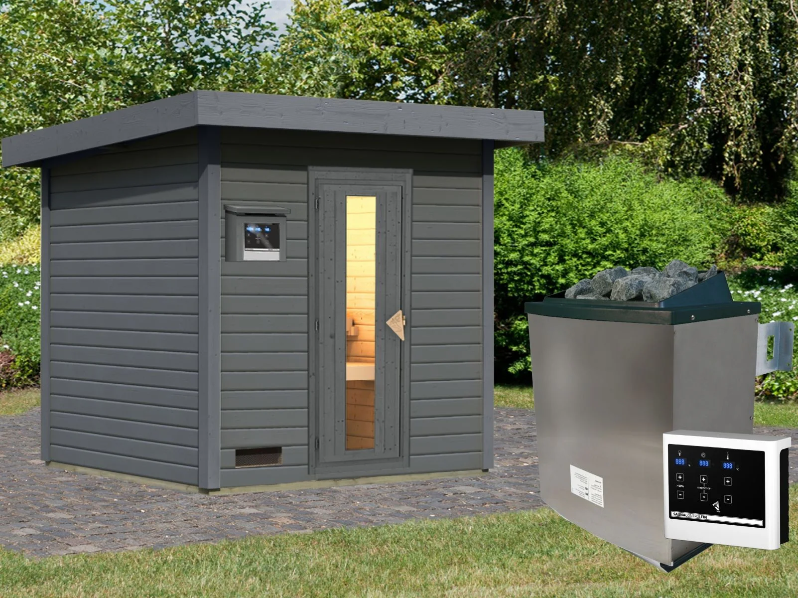 Norlinio Saunahaus Hella 2 terragrau 38 mm - inkl. 9 kW Ofen ext. Steuerung - mit Dacheindeckung und