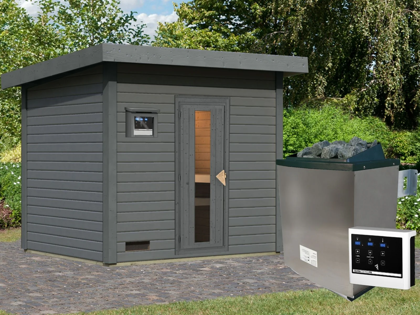Norlinio Saunahaus Hella 3 terragrau 38 mm - inkl. 9 kW Ofen ext. Steuerung - inkl. Dacheindeckung un - Image 2