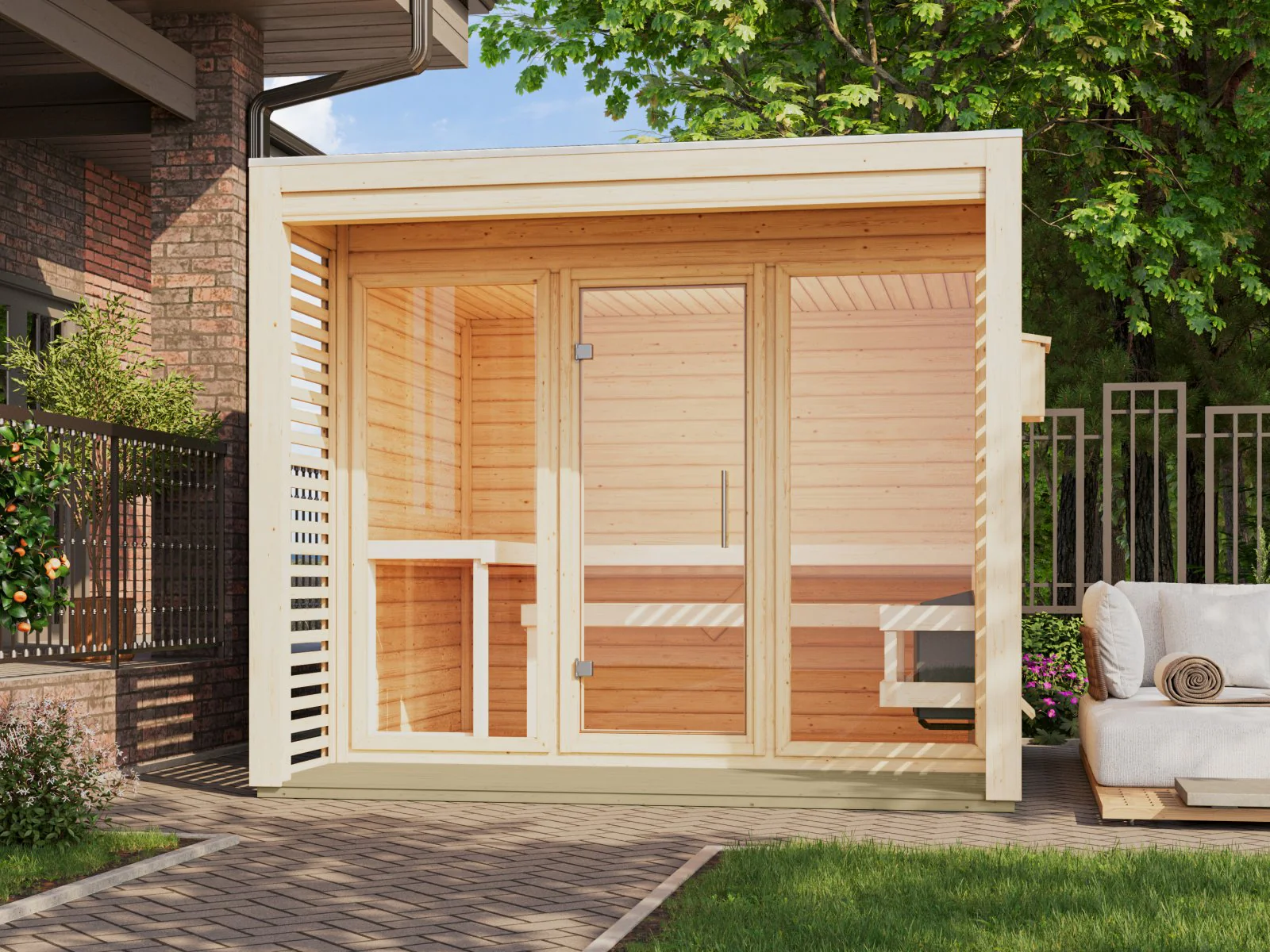 Norlinio Saunahaus Patio 3, 38 mm naturbelassen -inkl. 9 kW Bioofen ext. Steuerung- inkl. Da
